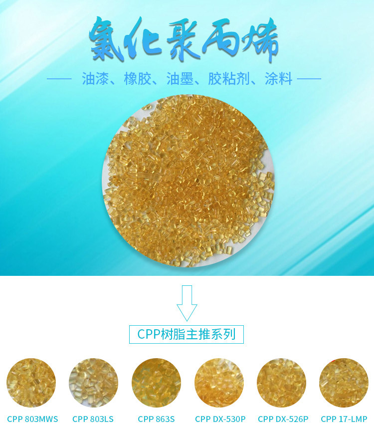 氯化聚丙烯，英文名为Propylene Resin，CAS登记号为68442-33-1，是双向拉伸聚丙烯薄膜、塑料油墨优良的黏合剂。氯化聚丙烯的硬度、耐磨性、耐酸性、耐盐水性都很好。化学稳定性较好，涂膜后无色，在10 %NaOH和10%HN03水溶液中浸泡144h后仍不溶胀。均为白色粉末或颗粒，但成膜后无色。熔点<150℃（氯含量30%者熔点最低），于180-190℃分解。